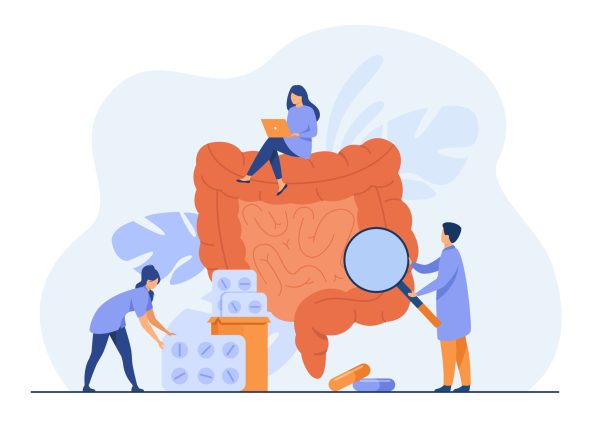 Tiny doctors checking and treating large intestine Tiny doctors checking and treating large intestine isolated flat vector illustration. Cartoon physicians studying colon inflammation. Medicine and digestive system health concept